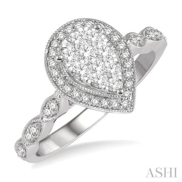 1/2 Ctw Pear Shape Mount Marquise Shank Lovebright Round Cut Diamond Ring in 14K White Gold